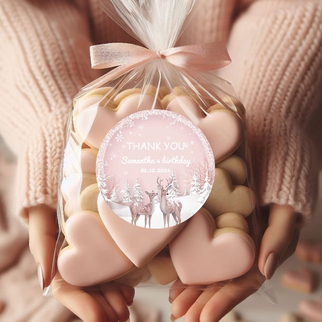Winter Wonderland Thank You | Pink and Deer Classic Round Sticker (Creator Uploaded)