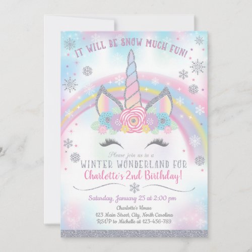 Winter Wonderland Unicorn Birthday Invitation