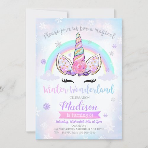 Winter Wonderland Unicorn Birthday Invitation