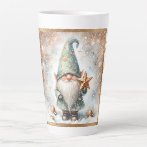 Winter Wonderland Watercolor Gnome Gold Snowflake Latte Mug