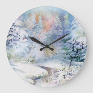 Winter Wonderland: Watercolor Landscape Large Clock
