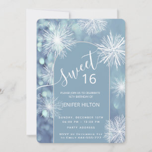 Winter wonderland watercolor snowflake sweet 16 invitation