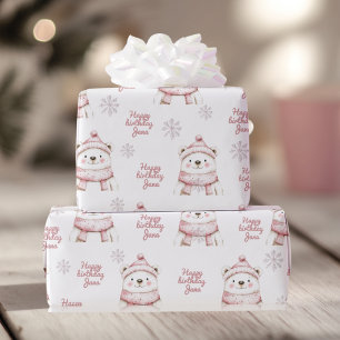 Winter Wonderland White Bear Happy Birthday Wrapping Paper