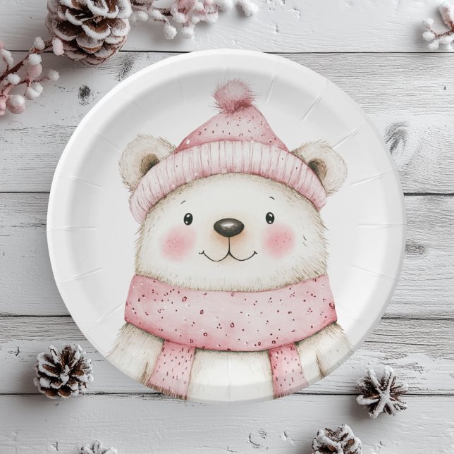 Winter Wonderland White Bear Pink  Paper Plates (Creator Uploaded)