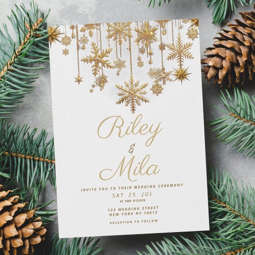 Winter wonderland white gold snowflake Wedding Invitation