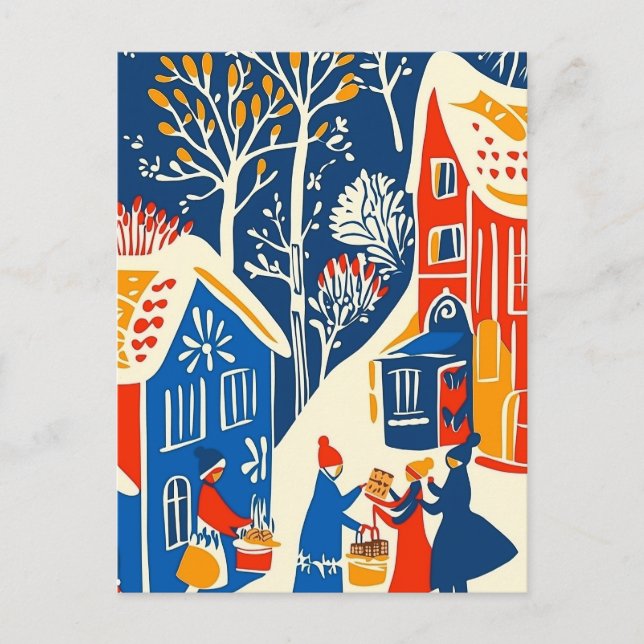 Winter Wonderland, Winter Market, Holiday folk art Postcard (Front)