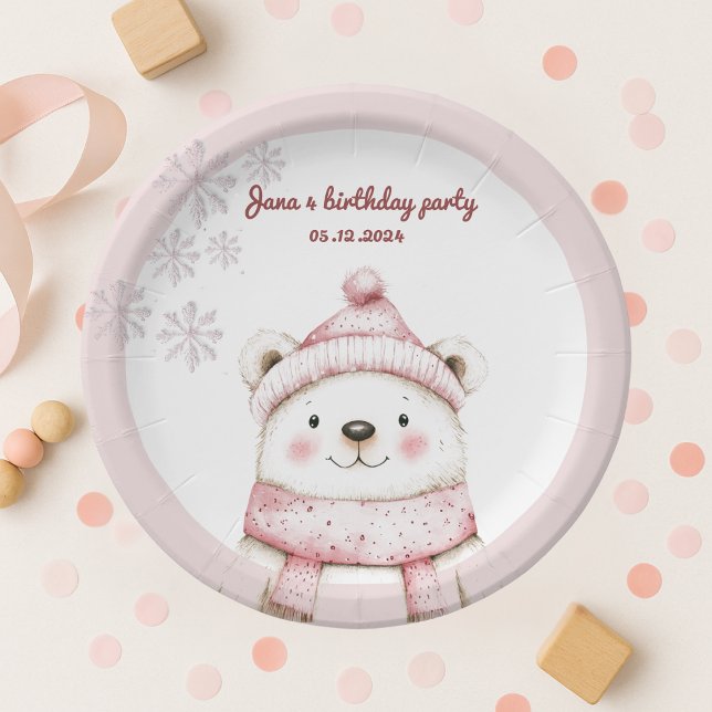 winter wonderland with cute white bear birthday paper plates (Creator Uploaded)