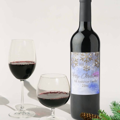 Winter Wonderland With Gold Glittery Snowflakes Wine Label