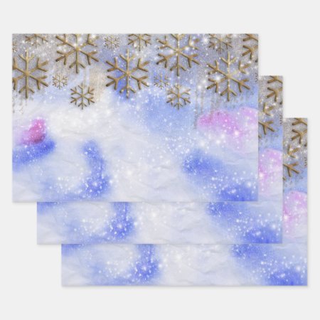 Winter Wonderland With Gold Glittery Snowflakes