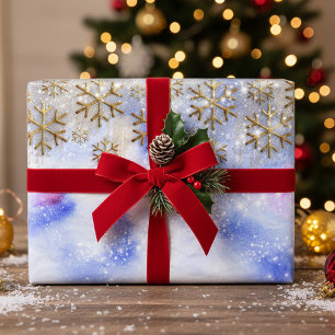 Winter Wonderland With Gold Glittery Snowflakes Wrapping Paper Sheets