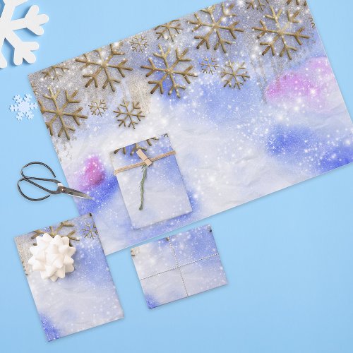 Winter Wonderland With Gold Glittery Snowflakes Wrapping Paper Sheets