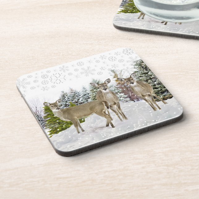 Winter Wonderland with Whitetail Deer  Beverage Coaster (Left Side)