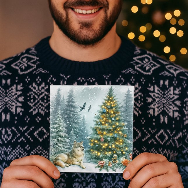 Winter Wonderland Wolf Christmas  Holiday Card (Digital watercolor  Christmas cards for men. Personalize Greeting on the backside )