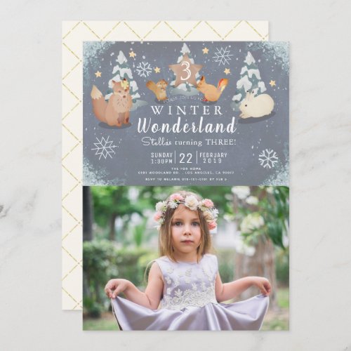 Winter Wonderland Woodland Animals Photo Birthday Invitation