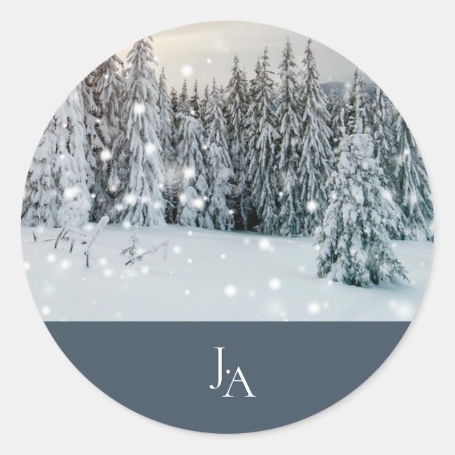 Winter Wonderland Woodland Snow Script Wedding Classic Round Sticker (Front)