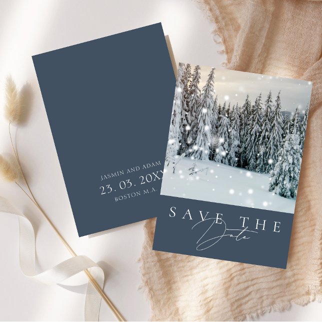 Winter Wonderland Woodland Snow Script Wedding Save The Date (Winter Wonderland Woodland Snow Script Wedding Save The Date Card)
