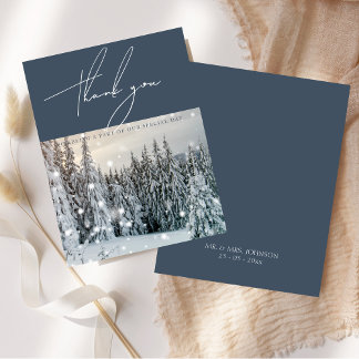Winter Wonderland Woodland Snow Script Wedding Thank You Card