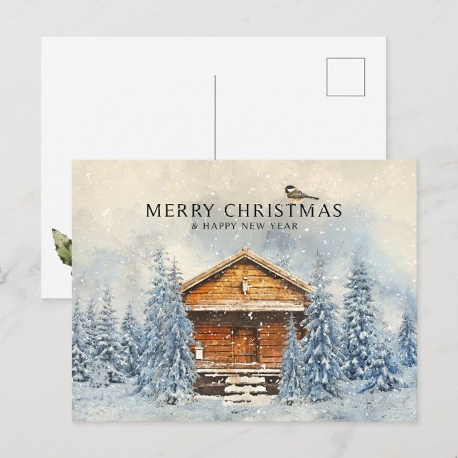 Winter Wood House and Pine Holiday Postcard (Front/Back)