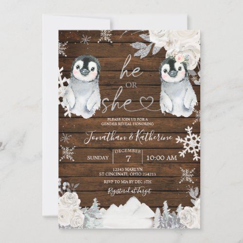 Winter Wood Penguin Gender Reveal He or She  Invitation