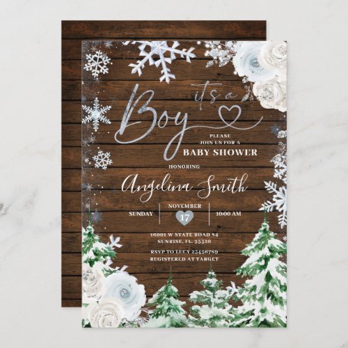 Winter Wood Snowflake Floral Baby Shower Invitation