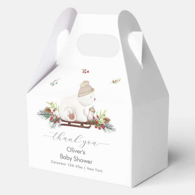 Winter Wooden Sleigh Polar Bear Baby Shower  Favor Boxes (Front)