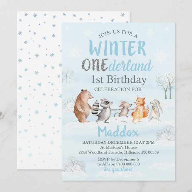 Winter Woodland 1st Birthday Invitation Winter (Front/Back)