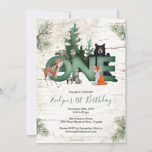 Winter Woodland 1st Birthday Party Invitation (Front)