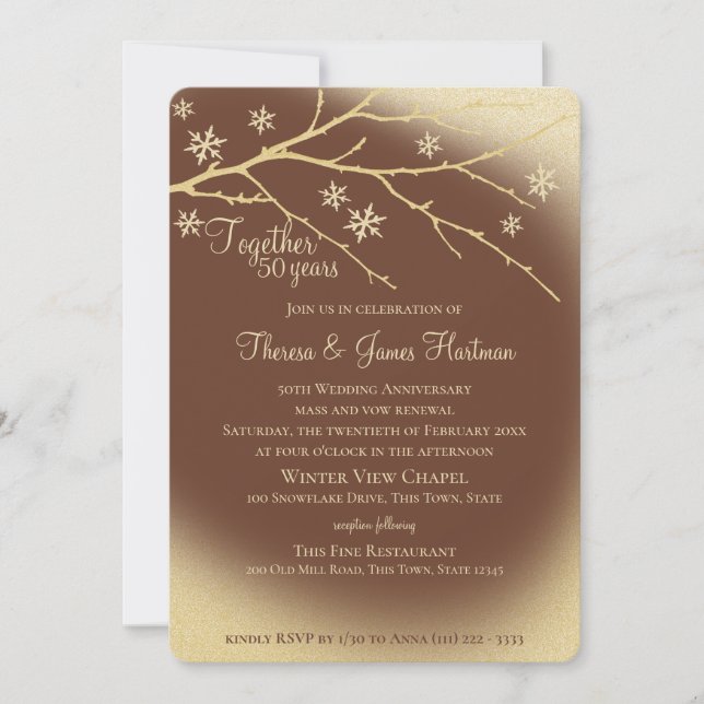 Winter Woodland 50th Anniversary Gold and Brown Invitation (Front)