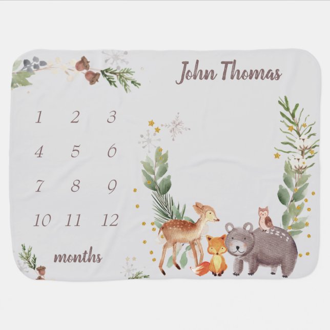 Winter Woodland Animal Baby Milestone Blanket (Horizontal)
