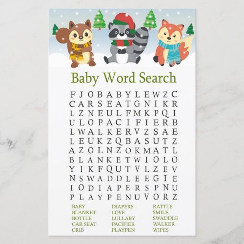 winter woodland animal Baby Shower Word SearchGame