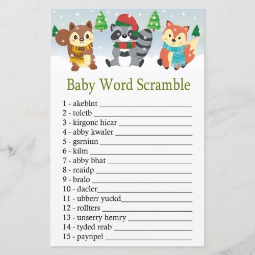 winter woodland animal Baby word scramble game