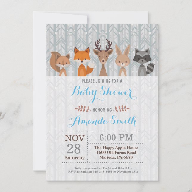 Winter Woodland Animal Boy Baby Shower Invitation (Front)