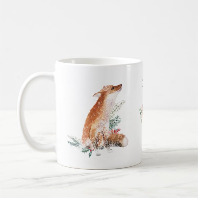 Winter Woodland Animal Fox Deer Hare Mug (Left)