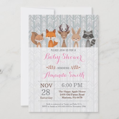 Winter Woodland Animal Girl Baby Shower Invitation