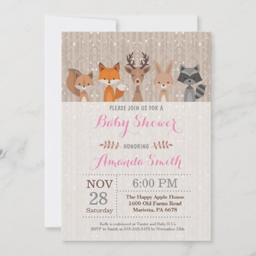 Winter Woodland Animal Girl Baby Shower Invitation