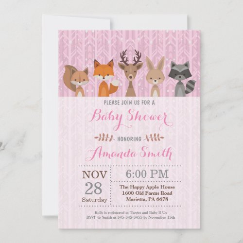Winter Woodland Animal Girl Baby Shower Invitation