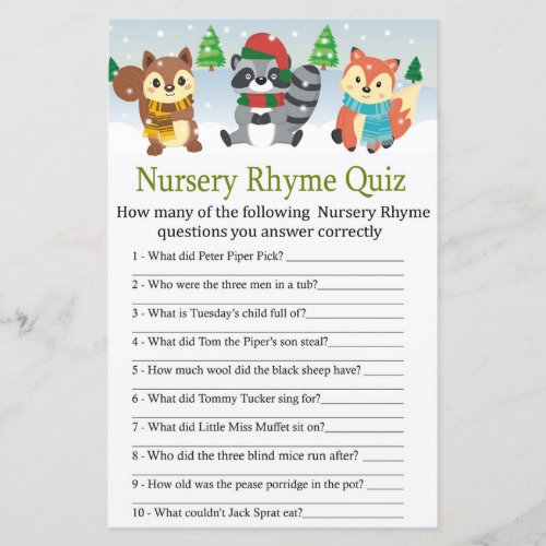 winter woodland animal Nursery Rhyme Quiz game