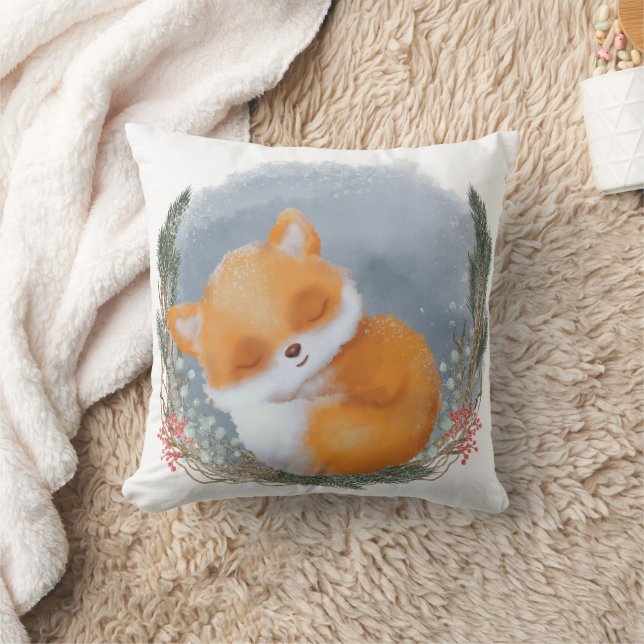 Winter Woodland Animal Sleeping Baby Fox Throw Pillow (Blanket)