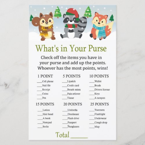 winter woodland animal Whats in your purse game