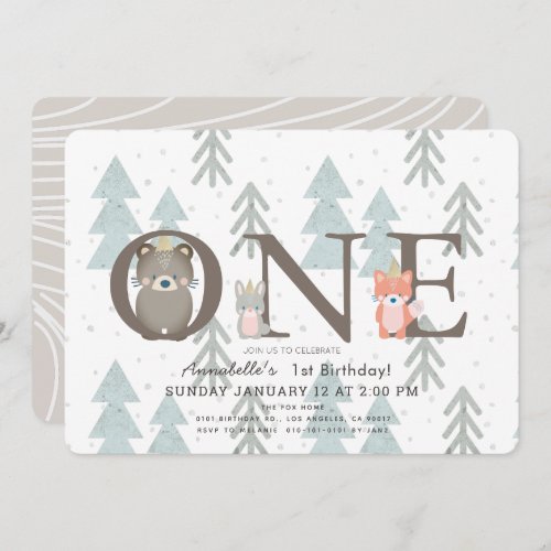 Winter Woodland Animals 1st Birthday Invitation