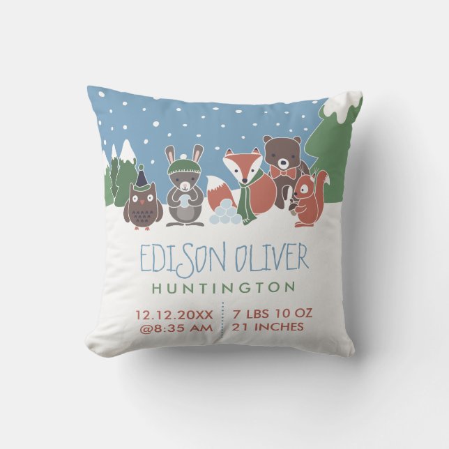 Winter Woodland Animals Baby Birth Stats Throw Pillow (Front)
