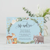 Winter Woodland Animals Baby Boy Sip and See Blue Invitation (Standing Front)