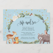 Winter Woodland Animals Baby Boy Sip and See Blue Invitation (Front/Back)