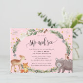 Winter Woodland Animals Baby Girl Sip and See Pink Invitation (Standing Front)