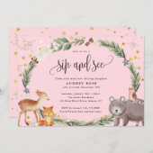 Winter Woodland Animals Baby Girl Sip and See Pink Invitation (Front/Back)