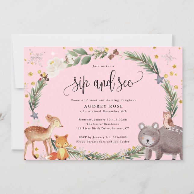 Winter Woodland Animals Baby Girl Sip and See Pink Invitation (Front)