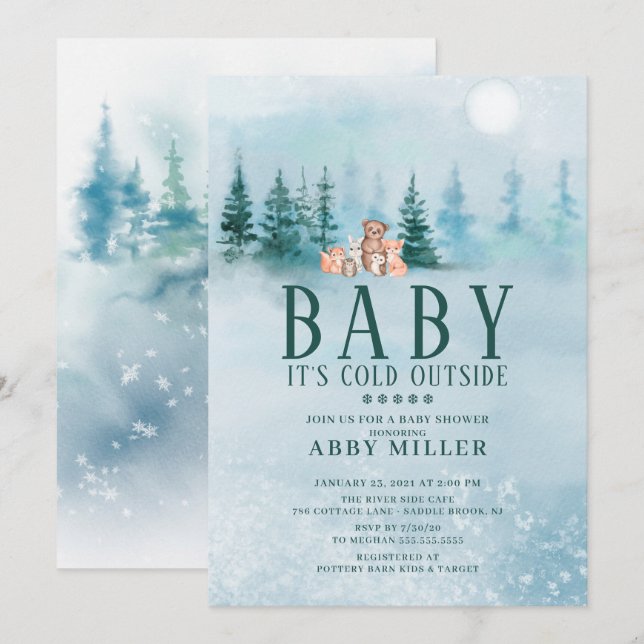 Winter Woodland Animals Baby It's Cold Outside Invitation (Front/Back)