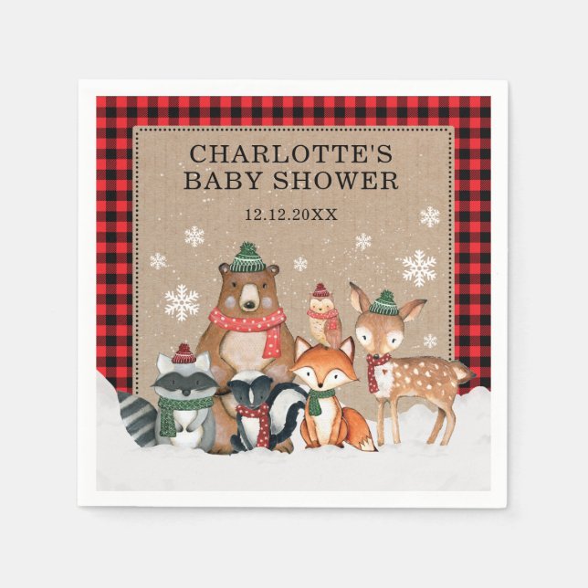 Winter Woodland Animals Baby Shower 1st Birthday Napkins (Front)