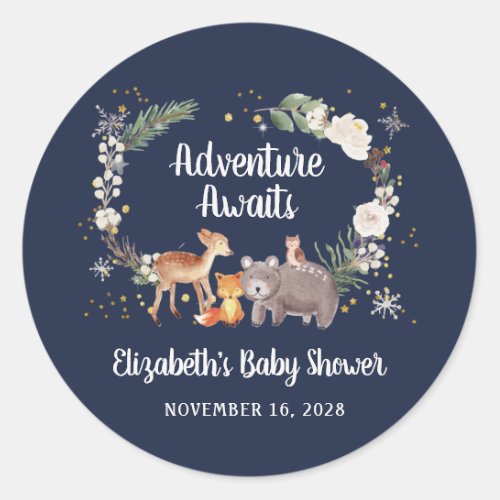 Winter Woodland Animals Baby Shower Blue Classic Round Sticker