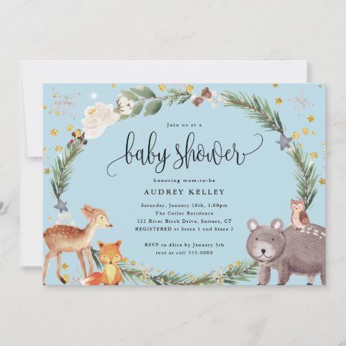 Winter Woodland Animals Baby Shower Blue Invitation